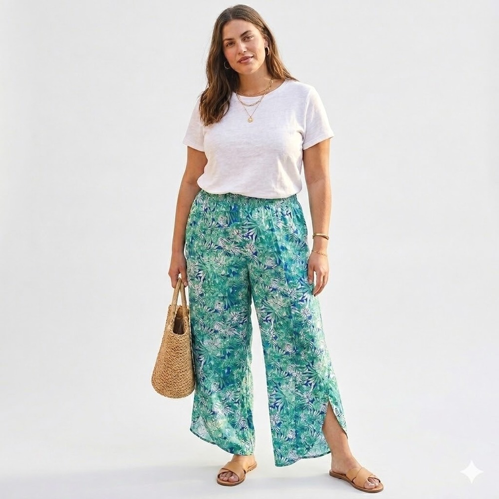 Land 'n Sea Pants Womens Large Green Tropical Linen Blend Wide Leg‎ Slit